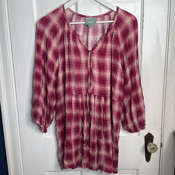 Anthropologie Mauve Red Plaid Billowy Cottagecore Blouse Top W-989 Size Large - Picture 2 of 9